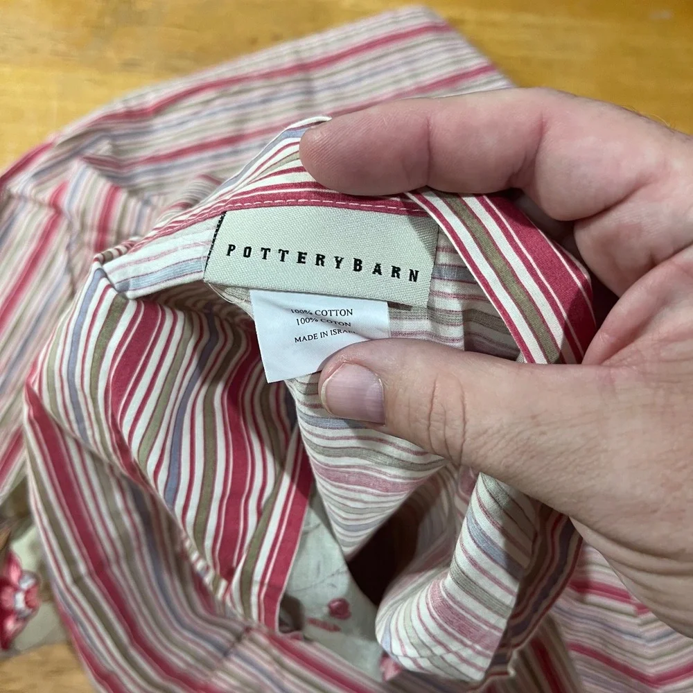 Pottery Barn Euro Sham Floral Striped Reversible Cotton Sage Burgundy Vtg Style‎